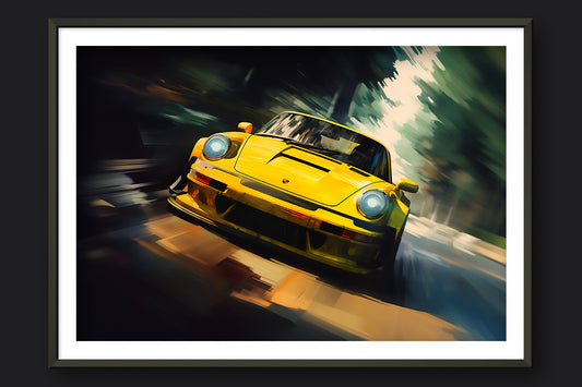 BLACK FOREST, YELLOW PORSCHE - METAL FRAMED PRINT