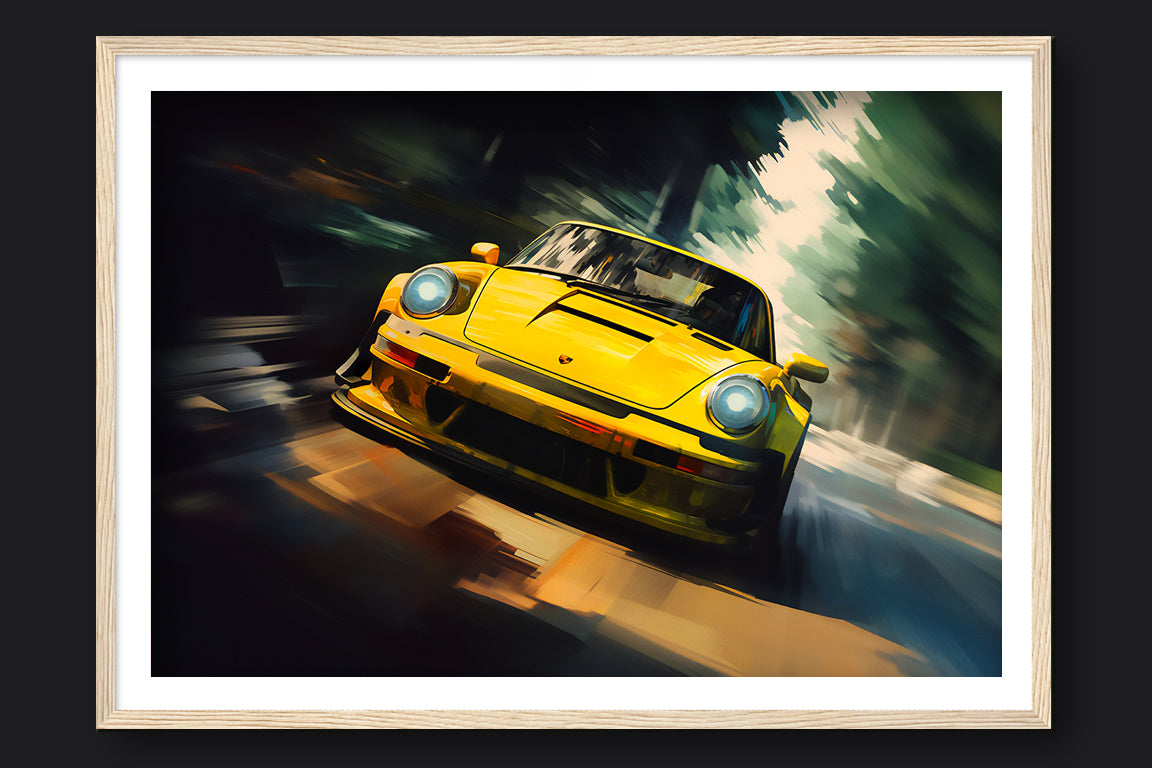 BLACK FOREST, YELLOW PORSCHE - WOOD FRAMED PRINT