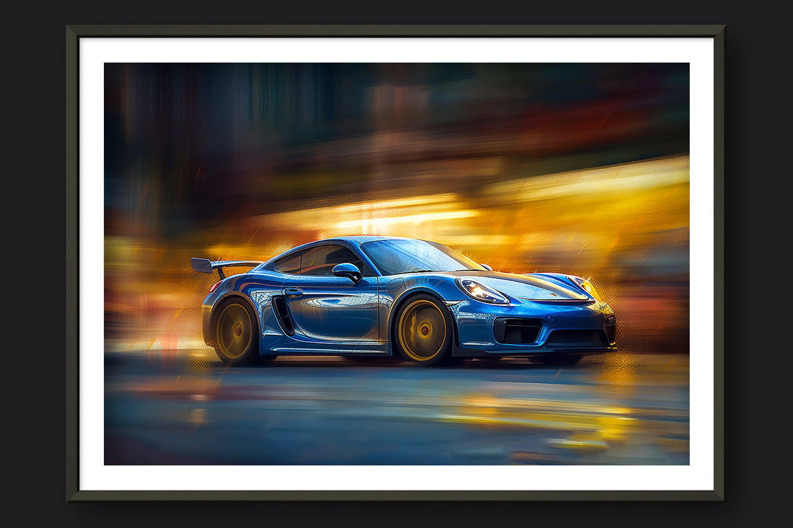 GENTIAN BLUE PORSCHE CAYMAN GT4 - METAL FRAMED PRINT