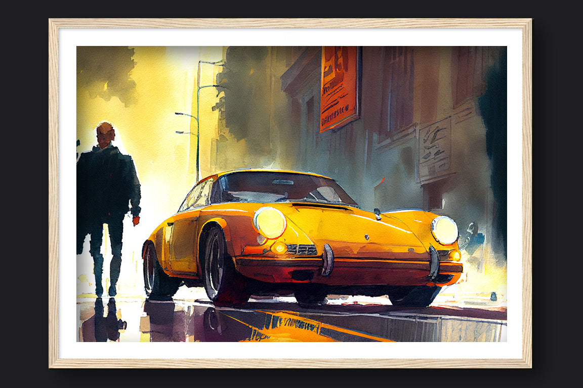 CANARY 1973 PORSCHE 911 - WOOD FRAMED PRINT