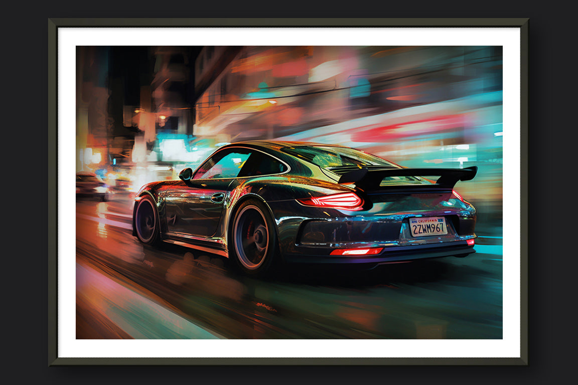 PORSCHE 911 GT3 CITY LIGHTS - METAL FRAMED PRINT