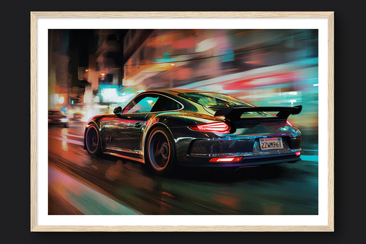 PORSCHE 911 GT3 CITY LIGHTS - WOOD FRAMED PRINT