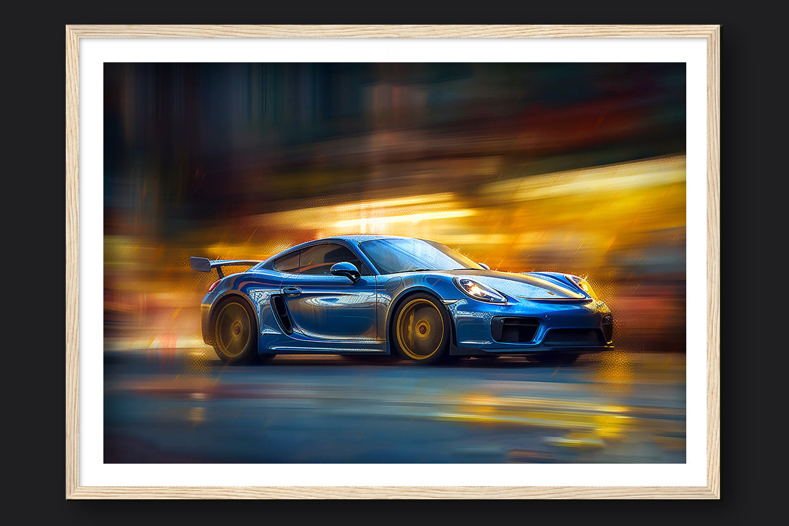 GENTIAN BLUE PORSCHE CAYMAN GT4 - WOOD FRAMED PRINT