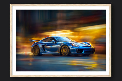 GENTIAN BLUE PORSCHE CAYMAN GT4 - WOOD FRAMED PRINT